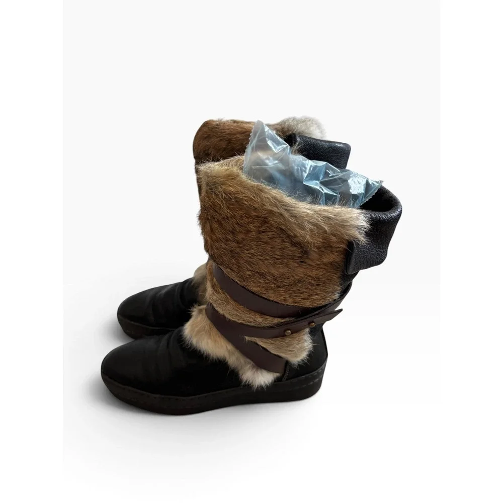 Manas Rabbit Fur Leather Winter Boots 36 Black Après Ski Luxury Boho Gorpcore
